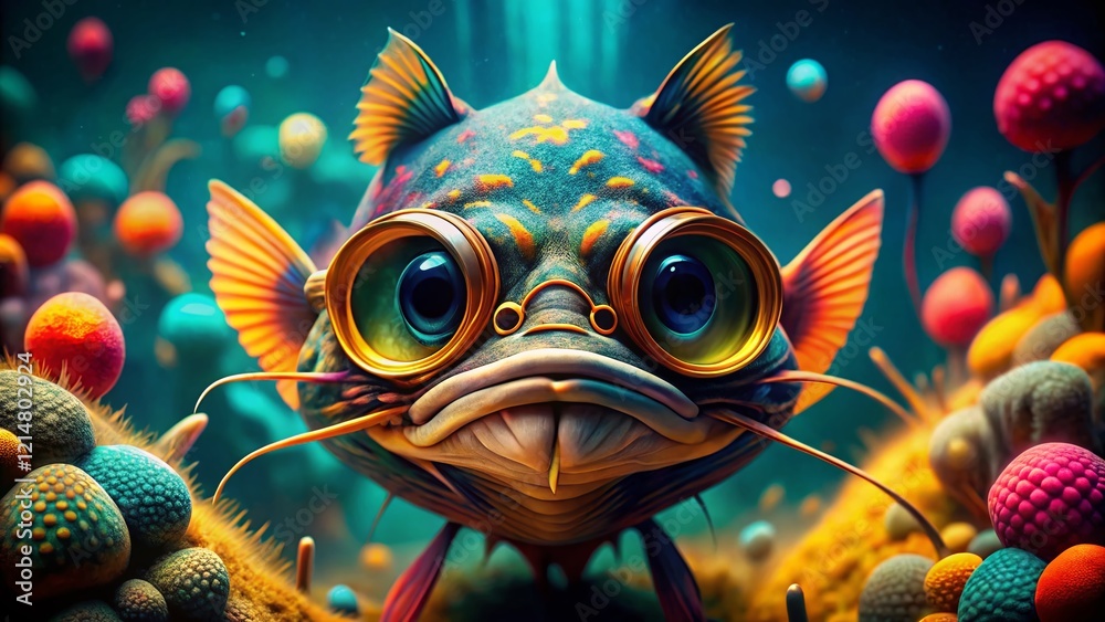 Whimsical Underwater Catfish Portrait: Playful Fish in Sunglasses, Coral Reef Close-up Whimsical Underwater Catfish Portrait: Playful Fish in Sunglasses, Coral Reef Close-up