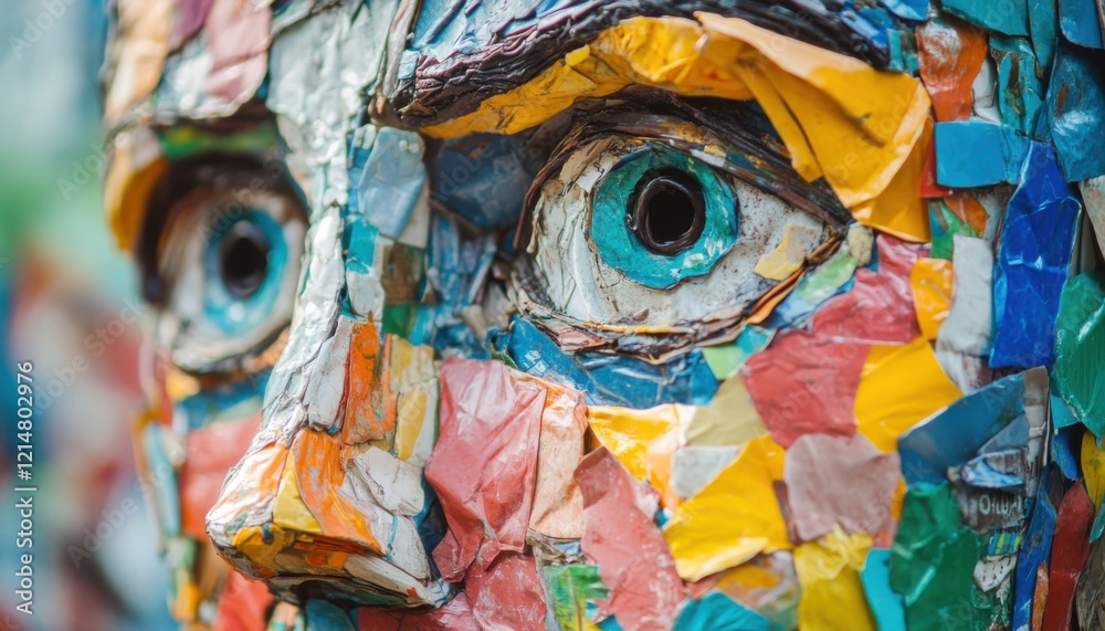 Fototapeta premium A vibrant sculpture made from recycled materials with colorful details.