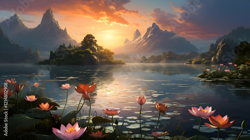 Serene Lake Reflects Golden...
