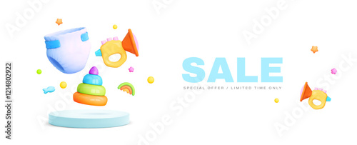 Baby toy 3d icon. Sale banner with product podium and kid cute toy on white background. Cartoon vector illustration in 3d style for baby store, online shop, sale template