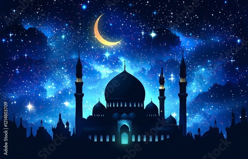 Wallpaper Mural A mosque silhouette against the night sky with stars and crescent moon, Ramadan background. Mosque silhouette, vector illustration design for an Islamic holiday banner or greeting card template.  Torontodigital.ca