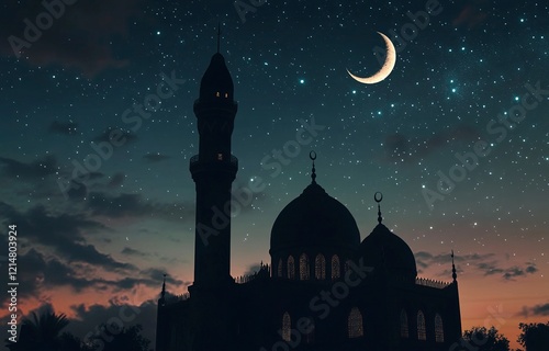 A mosque silhouette against the night sky with stars and crescent moon, Ramadan background. Mosque silhouette, vector illustration design for an Islamic holiday banner or greeting card template.  photo