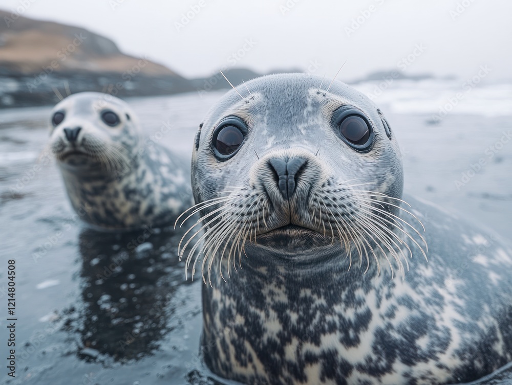 Fototapeta premium Two adorable seals peek from the shallow water on a cloudy day at the beach