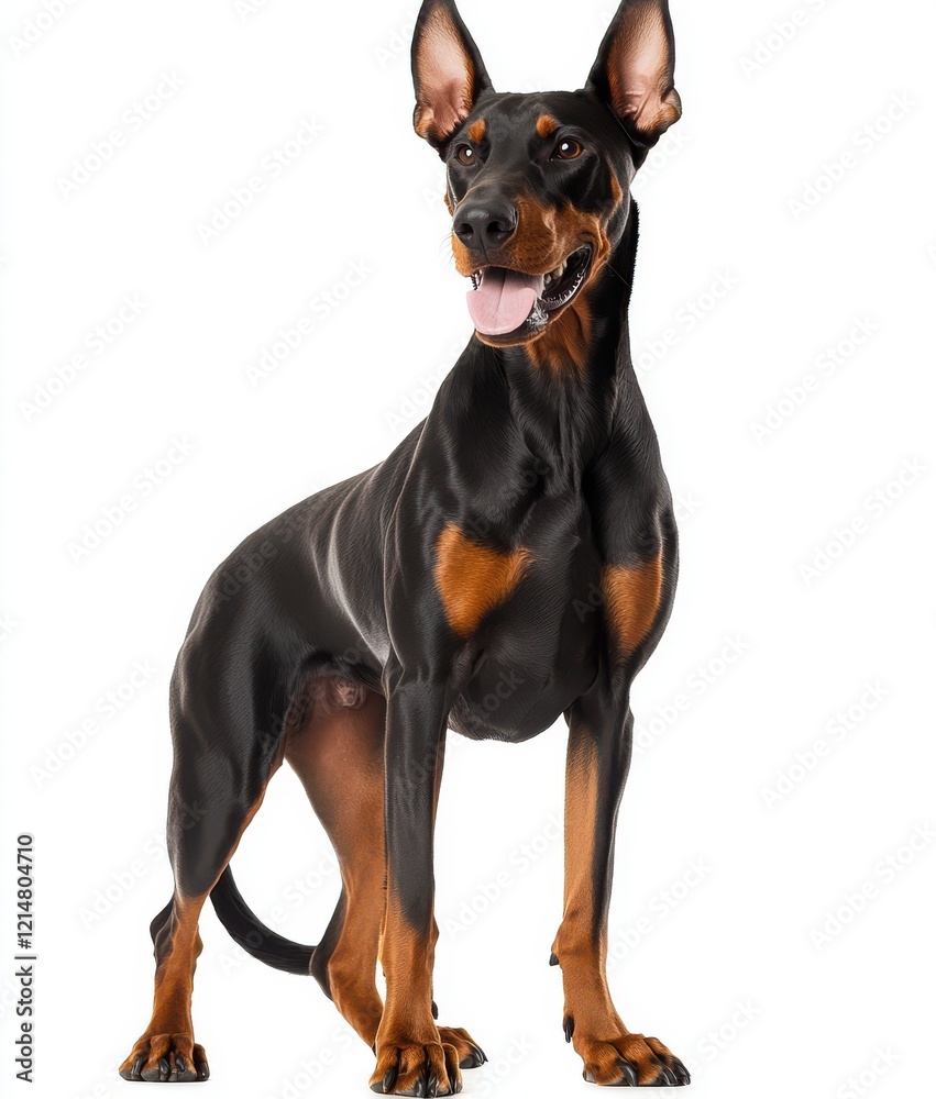 Playful Doberman Pinscher Standing Proudly with Alert Expression Against a White Background, Showcasing Its Muscular Build and Intense Gaze Playful Doberman Pinscher Standing Proudly with Alert Expression Against a White Background, Showcasing Its Muscular Build and Intense Gaze
