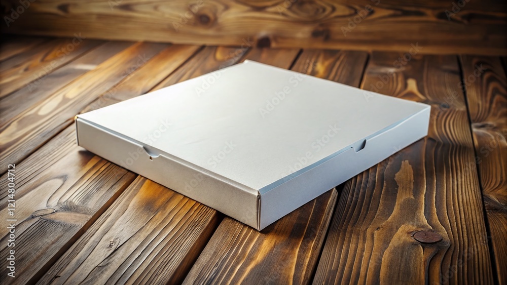 Fototapeta premium White Pizza Box Mockup: Empty Cardboard Container on Rustic Wooden Table - Perfect for Restaurant Menu Design