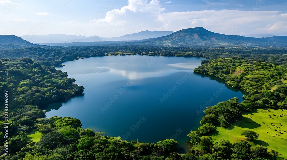 A peaceful lake surrounded by lush greenery and diverse wildlife A peaceful lake surrounded by lush greenery and diverse wildlife