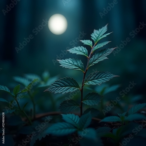 Enchanted Moonlit Forest Foliage Captivating Macro Nature Image photo