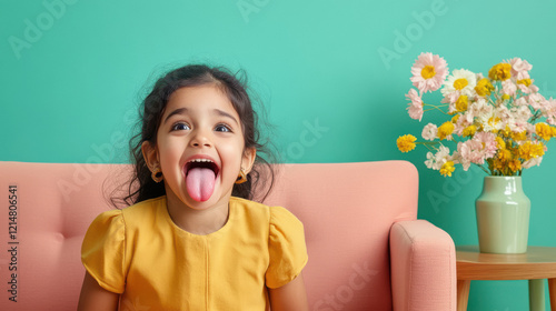 little indian girl sticking her tongue at home