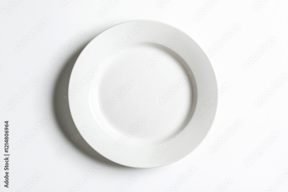 Clean white plate sits on plain white surface. Empty dish shows blank slate for food. Simple object. Top view. Simple, basic table ware. Perfect for food photography, design. Blank dinnerware. Clean white plate sits on plain white surface. Empty dish shows blank slate for food. Simple object. Top view. Simple, basic table ware. Perfect for food photography, design. Blank dinnerware.