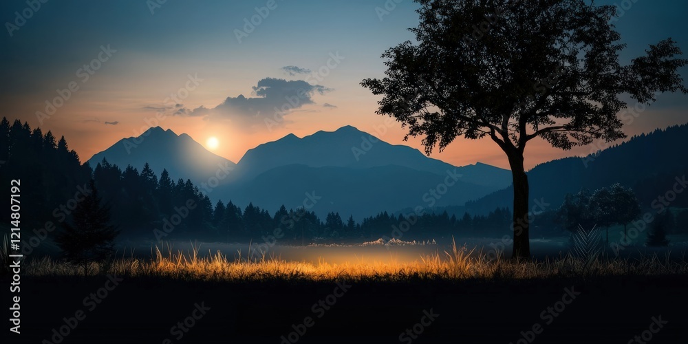 Naklejka premium carbon footprint climate measurement concept. Serene landscape at sunset with mountains, a tree silhouette, and glowing grass in the foreground.