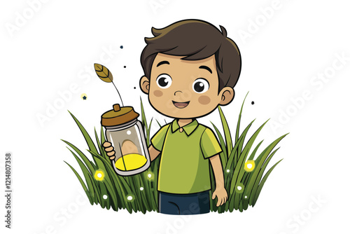 A young boy catching fireflies and holding a jar with glowing fireflies vector art illustration.eps