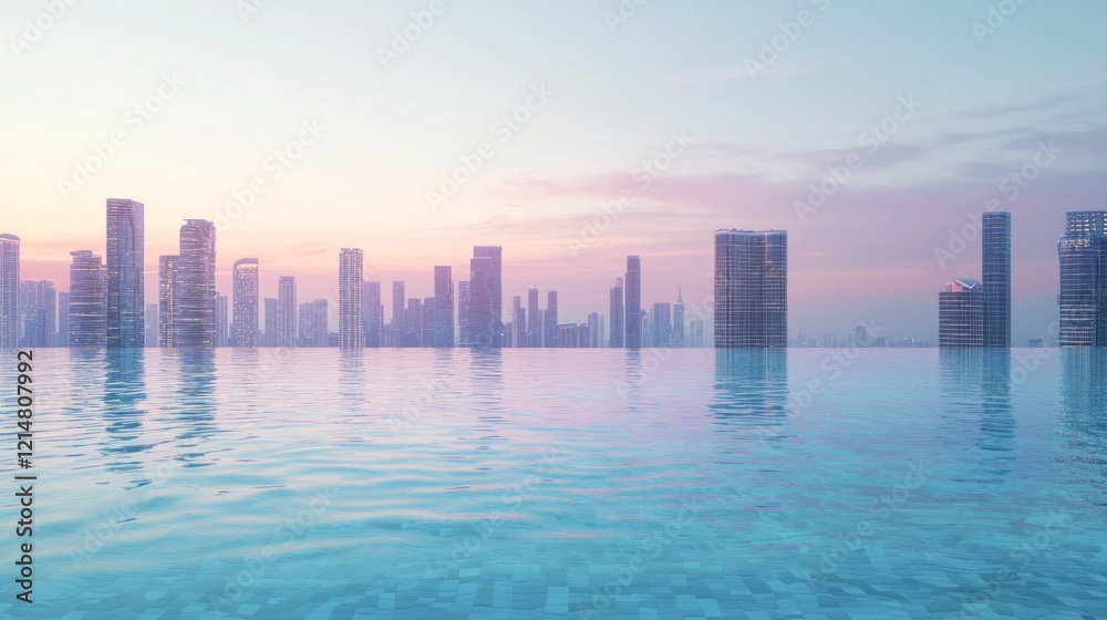 Fototapeta premium Cityscape Reflections: Rooftop Infinity Pool Serenity Amid Urban Lights