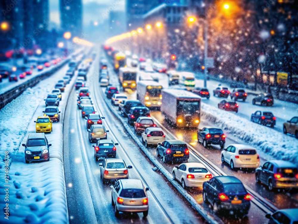 Winter City Traffic Jam Blizzard Tilt-Shift Stock Photo - Snowfall Road Congestion Winter City Traffic Jam Blizzard Tilt-Shift Stock Photo - Snowfall Road Congestion