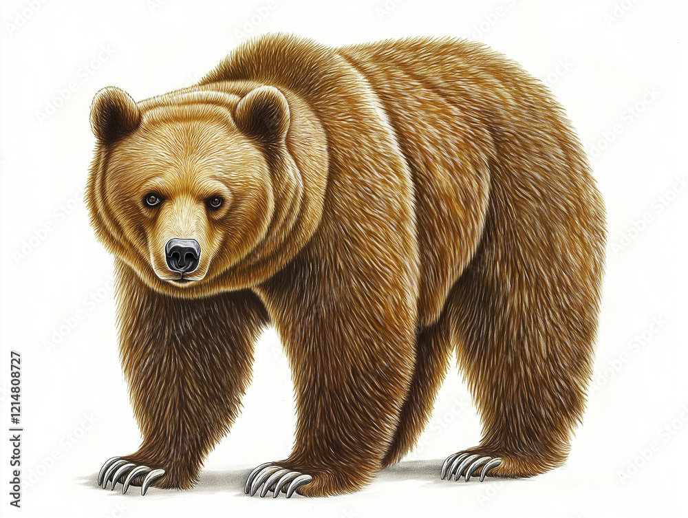 Fototapeta premium Brown bear is standing on a white background. The bear has a large head and a long body. Ursus arctos isolated on white