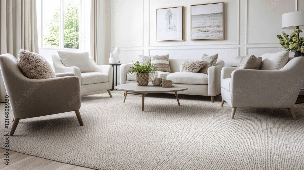 Fototapeta premium White living room interior with two armchairs and sofa, side view, carpet on hardwood floor. Relaxing corner with stylish furniture. Mockup empty white wall, 3D rendering