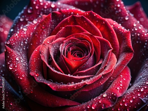 Close-up Portrait of a Single Red Rose, Vibrant Bloom,  Petals, Dew Drops, Romantic Flower