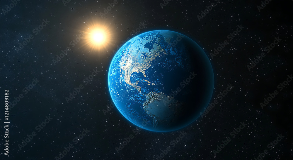 Naklejka premium A blue, glowing Earth with the sun rising on it, set against a starry sky background.
