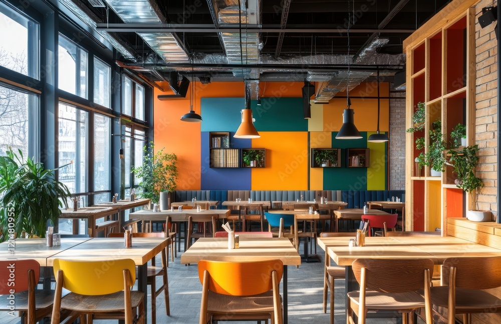 Interior view of a vibrant restaurant with wooden tables and colourful wall design and large windows Interior view of a vibrant restaurant with wooden tables and colourful wall design and large windows