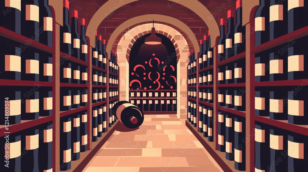 Fototapeta premium Wine Bottles Stacked in Cellar Winery Flat Vector Illustration