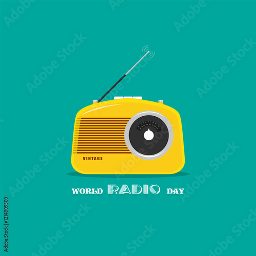 World radio day concept vector illustration with vintage old radio on turquoise background