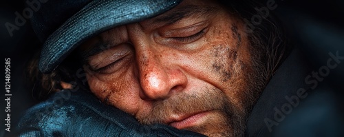 A close-up of a man's face wearing a dark hat, revealing weariness and slumber The image portrays a moment of vulnerability, not quite a heartfelt embrace between two friends, showcasing sincerity