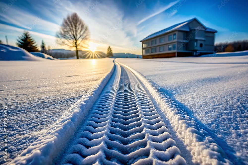 Obraz premium Winter Tire Tracks in Fresh Snow - Architectural Photography