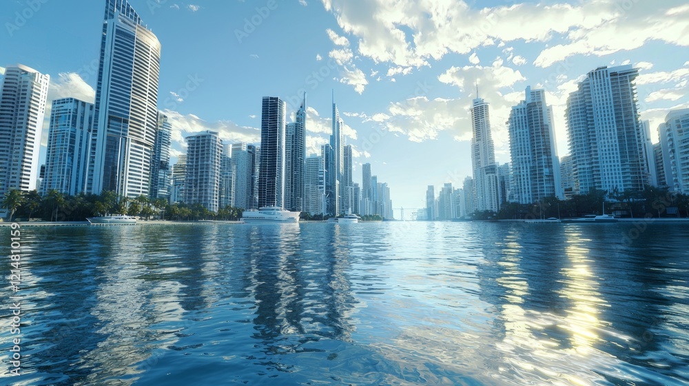 Fototapeta premium Urban Serenity: Spectacular Skyscraper Reflections on Calm River from Boat Deck - Cinematic and Ultra-Detailed View