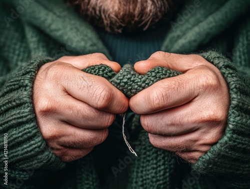 A person quietly mending a loved ones torn jacket, a gesture of care, love, and quiet attention to detail, showcasing the act of repair Detailed close up of hands working with green fabric to fix photo