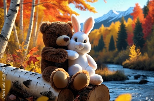  Lonely brown teddy bear hugs fluffy stuffed toy bunny sitting on fallen birch tree trunk near tranquil river on autumn day backside view