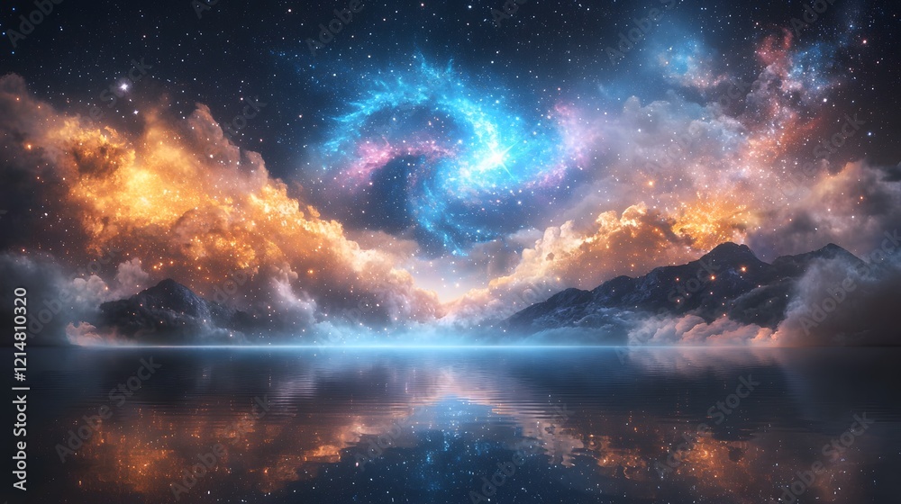 Obraz premium A mesmerizing cosmic dreamscape filled with spiraling galaxies glowing stardust and the quiet hum of the universe s infinite wonders all beautifully reflected in the serene waters below