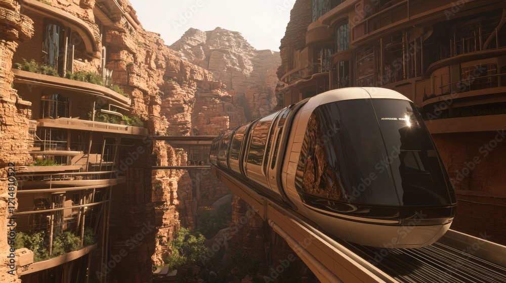 Naklejka premium Futuristic Monorail Gliding Through Urban Skyline with Illuminated High-Rise Buildings - Cinematic Ultra-Detailed View