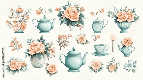 A collection of vintage floral illustrations featuring graceful roses and elegant teapots, perfect for home decor and design inspirations.