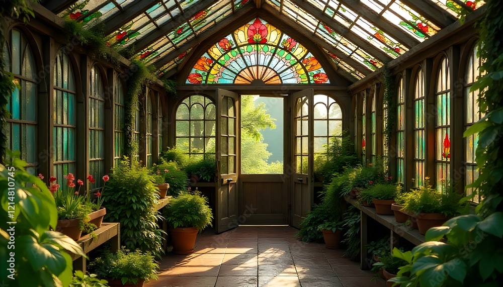 Sunlit Greenhouse with Colorful Stained Glass Sunlit Greenhouse with Colorful Stained Glass