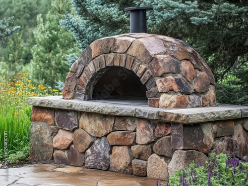 Beautiful stone oven in a lush garden setting for outdoor cooking.