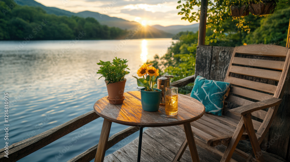 Fototapeta premium Bed and breakfast, Tranquil riverside scene at sunset featuring a wooden chair, table with flowers, and a serene view of mountains and water.