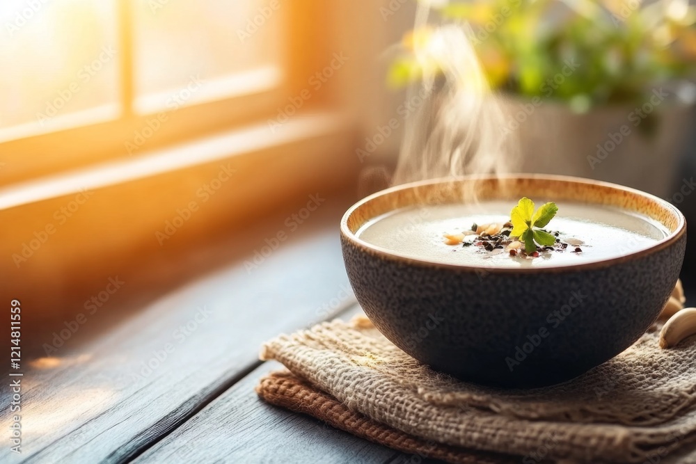 A bowl of steaming soup placed on a rustic wooden table, with warm steam rising into the softly lit air A bowl of steaming soup placed on a rustic wooden table, with warm steam rising into the softly lit air