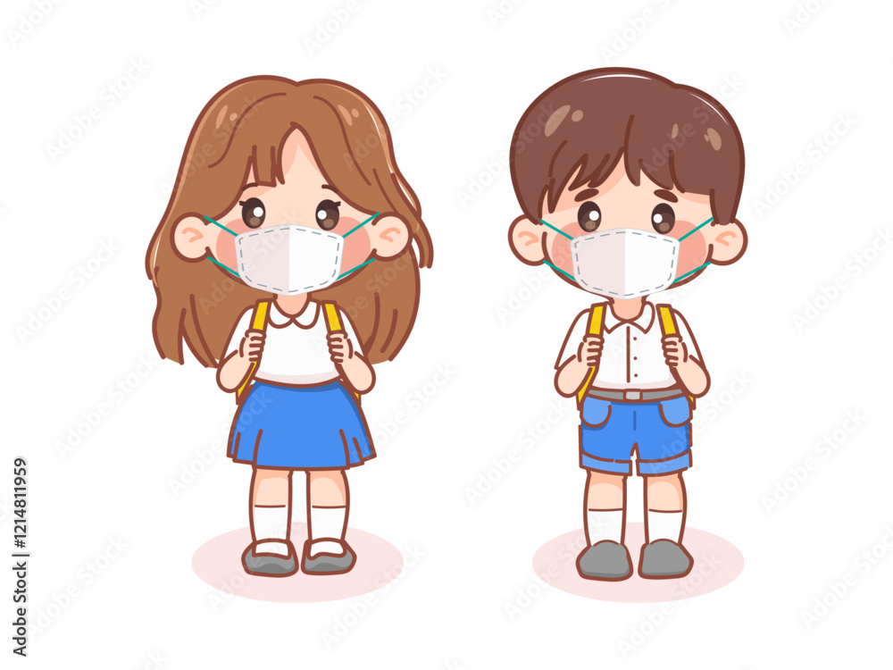 Cute student girl and boy wearing facemask to protection from dust pm2.5 and virus. illustration vector premium. Cute student girl and boy wearing facemask to protection from dust pm2.5 and virus. illustration vector premium.