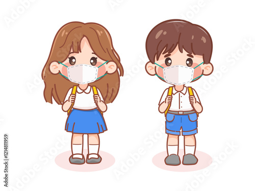 Cute student girl and boy wearing facemask to protection from dust pm2.5 and virus. illustration vector premium.