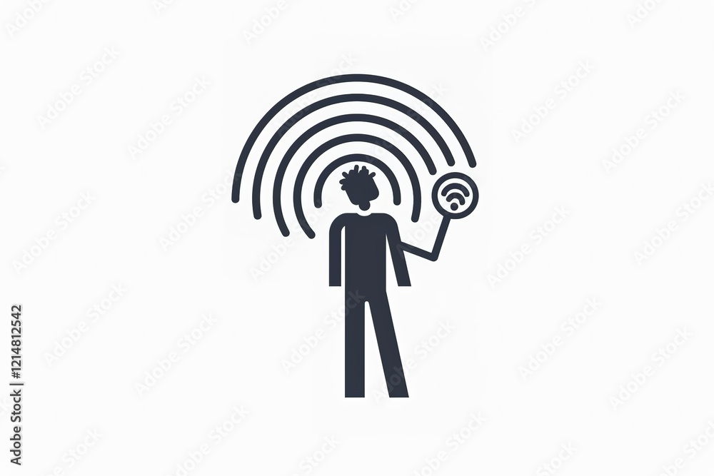 Person connected to wireless network, signal waves Person connected to wireless network, signal waves