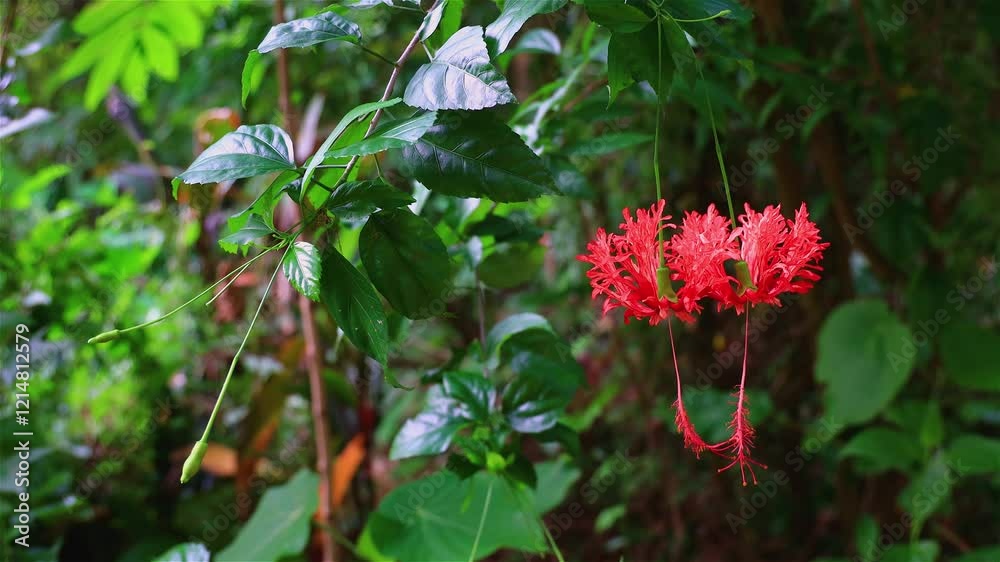 Red Hibiscus schizopetalus flowers swaying by the wind in wild forest.Beautiful leaf form,swing stem shape view. Pingtung Riverside Park,Taiwan. Real time. 4K. High angle view. High quality video Red Hibiscus schizopetalus flowers swaying by the wind in wild forest.Beautiful leaf form,swing stem shape view. Pingtung Riverside Park,Taiwan. Real time. 4K. High angle view. High quality video