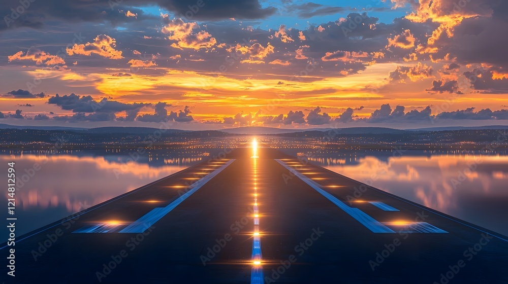 Obraz premium Breathtaking sunset view of an airport runway glowing under warm vibrant hues with a peaceful sky blending soft blues and golden yellows that are beautifully reflected in the smooth