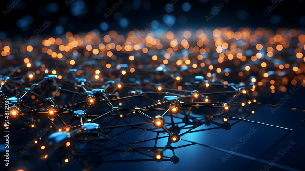 Fototapeta premium Abstract 3D Network Structure with Glowing Nodes and Connections on Dark Background