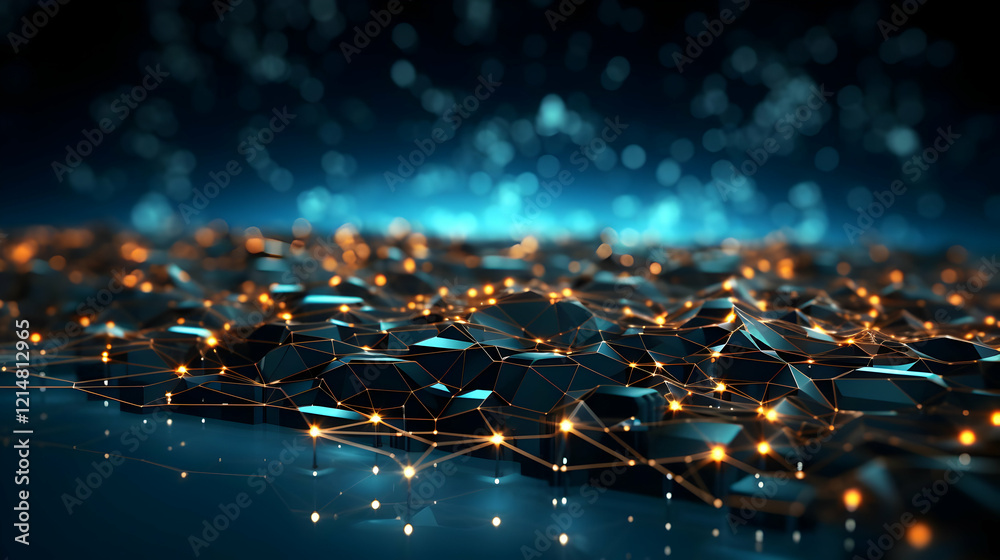 Fototapeta premium Abstract 3D landscape forms a network of glowing dots beautifully, creating a digital art.
