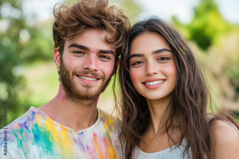 young indian couple playing holi together young indian couple playing holi together