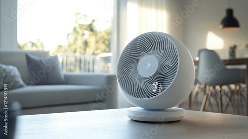 A white tabletop fan with a wide oscillating function, its blades creating a breeze in an open-plan living room photo