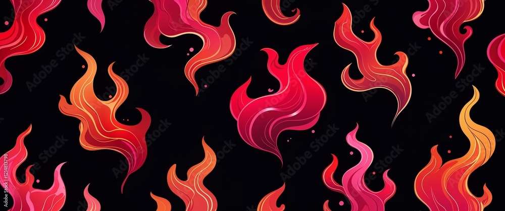 Bright red and deep pink flame tendrils reaching out in all directions on a black backdrop illustration background design