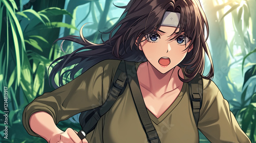 Girl with backpack running through dense jungle vegetation in a dynamic action pose as an anime heroine showcasing determination and adventure photo