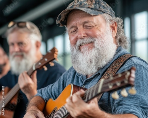 Capture the heartwarming scene of a group of friends playing music together, their camaraderie and loyalty harmonizing into a beautiful melody A snapshot of joyful musicians sharing their passion and