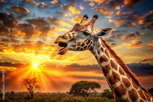 Yawning Giraffe Double Exposure: Nature's Gentle Giant in Serengeti Sunrise