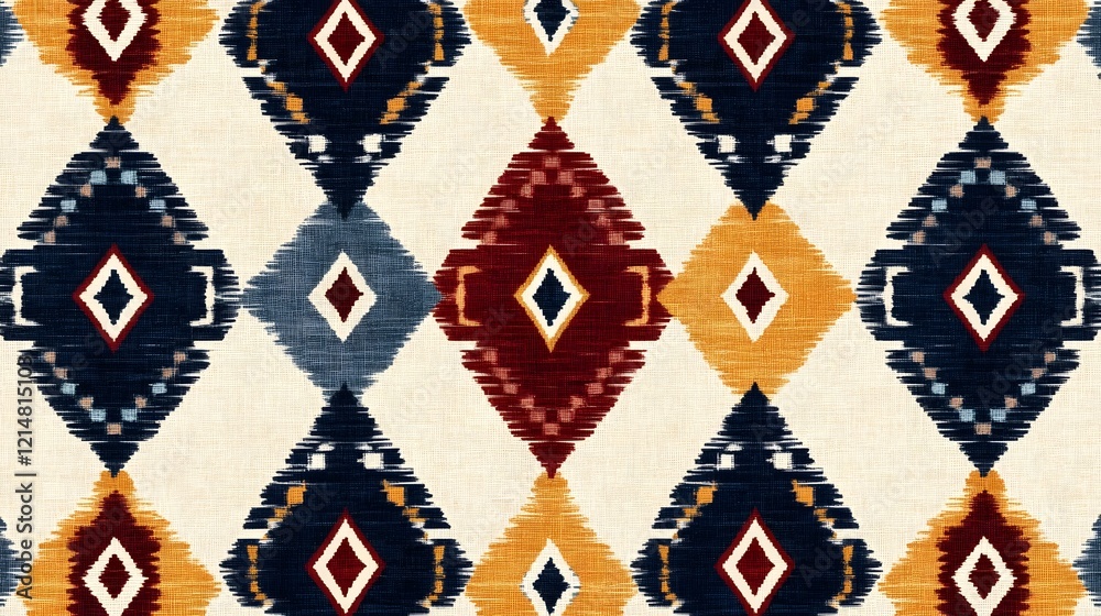 Fototapeta premium Vibrant Handwoven Textile-Inspired Seamless Pattern with Diamonds and Stripes